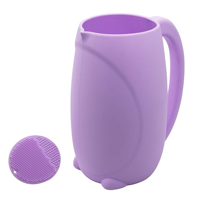 mandoo Baby Bath Rinse Cup Shampoo & Body Washing Rinser Cup for Kids with Easy Grip Handle to Rinse Baby Shower - Baby Essentials (Purple+Brush)
