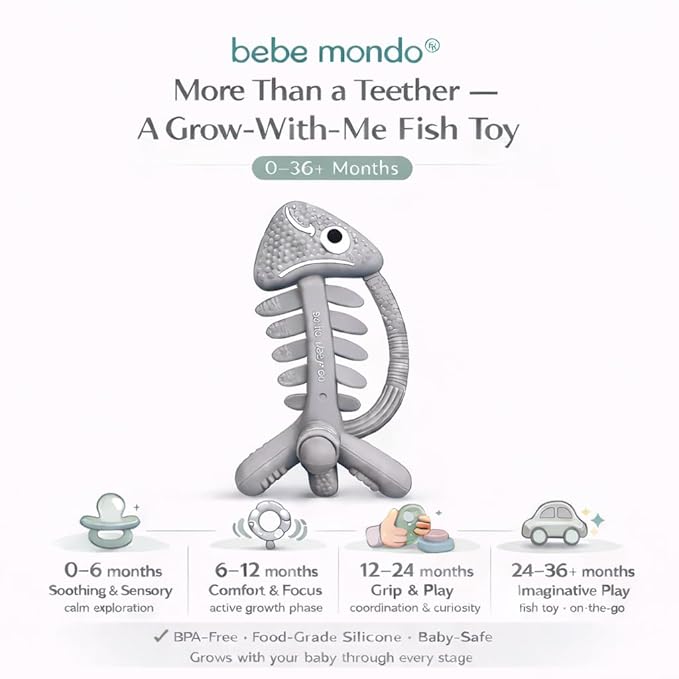 3 in 1 Infant Toys, Baby Teething Toys 3?? 6??2 Months, Teethers for Babies 0??????2 Months for Teething Relief, Baby Gift, Baby Teether Toys, Silicone Sensory Toys, USA Patent Pending, Fish (Gray)