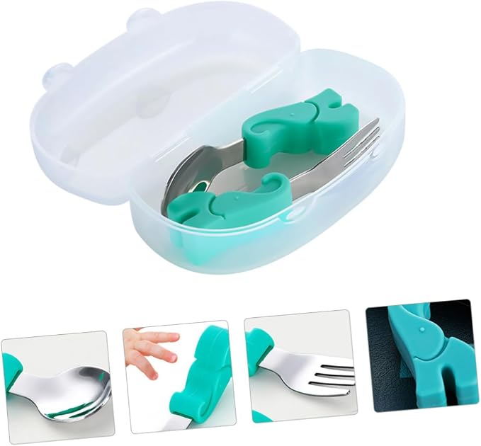 BESPORTBLE Stainless Steel Fork and Spoon with Food Grade Silicone Handles Training Utensils with Storage Case Drop-resistant Tableware for Boys and Safe for Preschoolers and Juniors