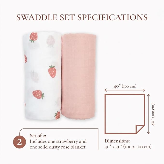 Lulujo Baby Swaddle Blankets | Unisex Softest Breathable Cotton Muslin Swaddle Blanket Set | Neutral Receiving Blanket for Girls & Boys | 40in x 40in | Strawberries & Ballet Slipper | 2-Count