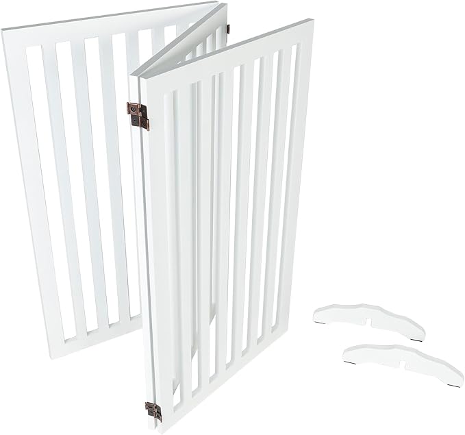 3-Panel Wooden Free Standing Foldable Dog Gate, Foldable Pet Gate with 2PCS Support Feet, 36" Height Dog Fence Baby Gates for House Doorways Indoor Outdoor, White