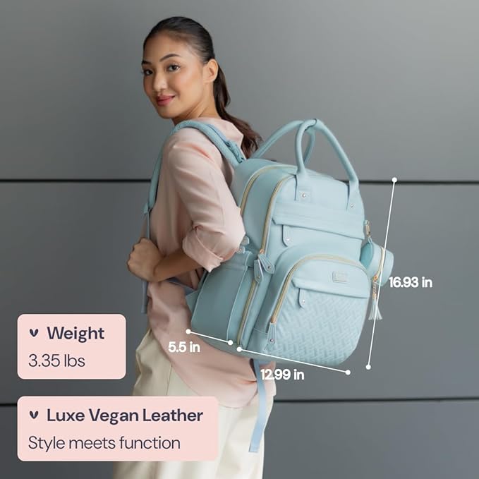 BabbleRoo Leather Diaper Bag Backpack - Baby Essentials Travel Baby Bag, Multi function, Water Resistant, with Changing Pad, Stroller Straps & Pacifier Case ??Unisex, Powder Blue