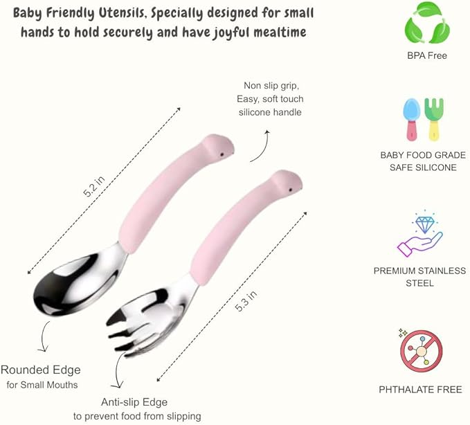 Baby Fork and Spoon Set, Cute Dinosaur Shape Premium Stainless Steel Silicone Toddler Utensils, Encourage Self Feeding, Playful & Fun, Safe, BPA Free, Easy Grip, Dishwsher Safe, Perfect Baby Gift