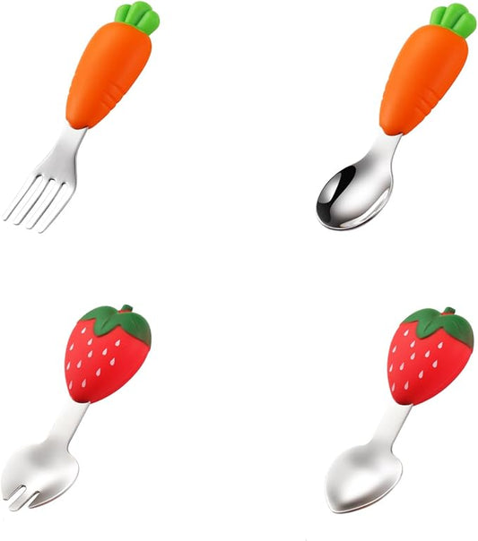 Toddler Utensils 4-Pack, Stainless Steel Toddler Forks and Spoons Set with Cute Carrot & Strawberry Silicone Handles, Baby Kids Utensils, Children Safe Forks and Spoons Dishwasher Safe
