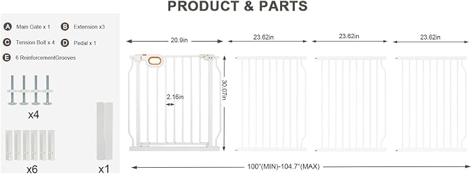 Baby Gates Extra Wide for Doorways 100-104.7 Inch Extra Wide Pressure Mounted Baby Dog Gate for the House Indoor Large Openning Metal Safety Gate No Drilling with Walk-Through Door,White
