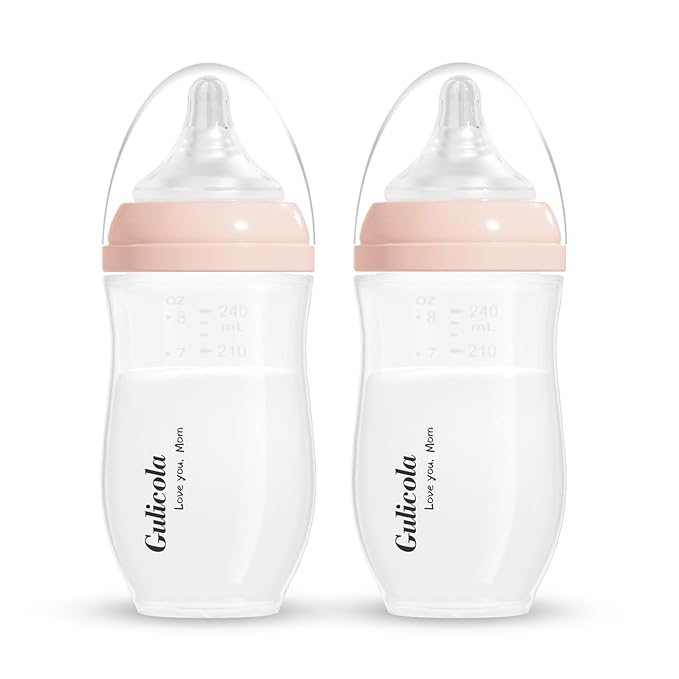 Gulicola Natural PP Baby Breastfeeding Bottles, Medium Flow Nipples (M), 3 Months +, Pink, 8 oz - 2pks