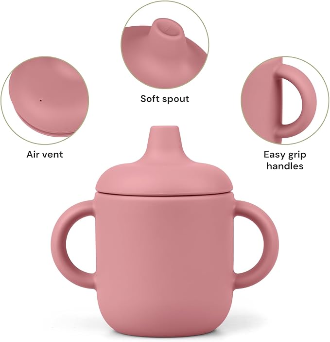 Silicone Baby Drinking Cups - Sippy Cups for 6-12 Months Toddlers - Pack of 2 Food Grade Training Cups with Lids & Grip Handle for Baby Led Weaning, 6 oz (Blush/Mauve)