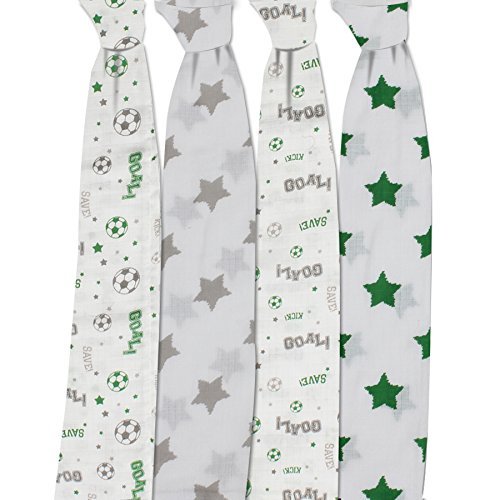 Bacati - 4 Pack Sports Baby Swaddle Blankets Boys Swaddle Wrap Soft Breathable Cotton Muslin Swaddle Blankets Receiving Blanket for Boys, Large 45 x 45 inches (Soccer Green/Grey)
