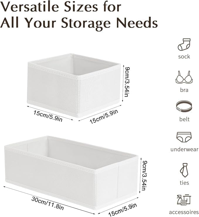 DIMJ Drawer Organizers Clothes, Set of 16 Dresser Organizer Bins, Fabric Closet Organizers and Storage, Shallow Drawer Dividers for Nursery, Clothing, Baby Clothes, Socks, Underwears, Tie (White)