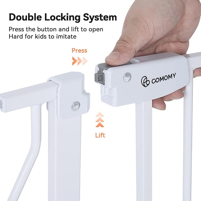 COMOMY Baby Gate with Cat Door Extra Wide 29.5-48.4 Inch 30 Inch Tall Auto Close Walk Through Pet Gate for Stairs Doorways Pressure Mounted Metal White