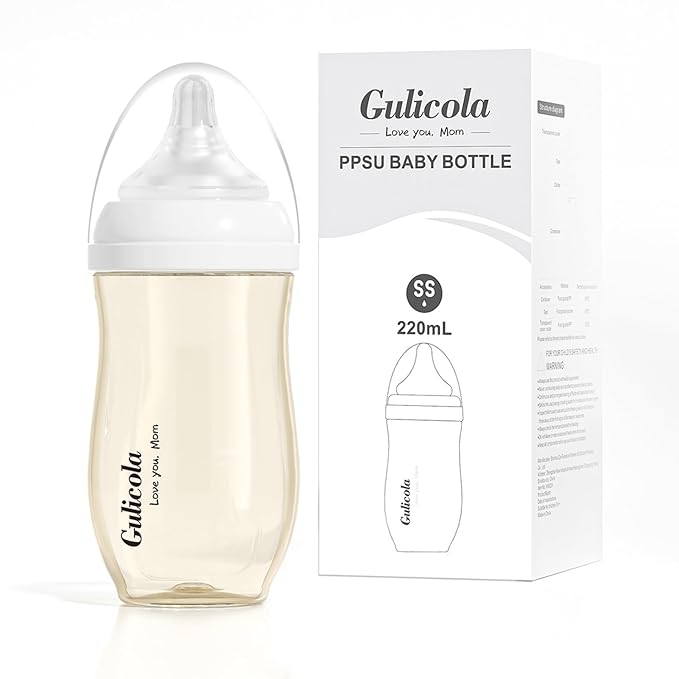 Gulicola Newborn Breastfeeding Baby Bottle with Extra Slow Flow Nipples, 0 Months+, Anti Colic, BPA Free PPSU, 7 oz - Clear