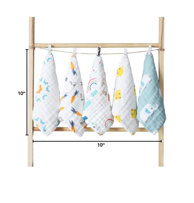 6 Layers of Baby Washcloths Natural Muslin Cotton with Cartoon Printed Design, Newborn Baby Face Towel Perfect Gifts Set of 6, Extra Soft, Breathable, 10x10 Inches (Small Elephant)