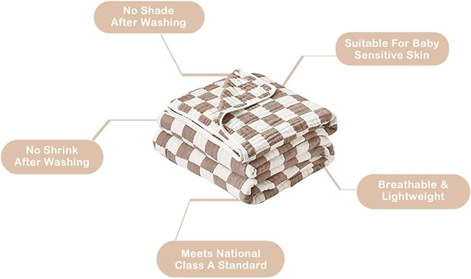 Ultra Soft Cozy 6-Layer Muslin Cotton Baby Blanket 41" x41” Breathable Lightweight Checkered Swaddle Blankets for Toddlers Baby Birthday Gifts All Seasons Both Sides Coffee