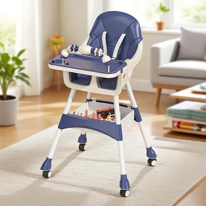 Portable Baby High Chair for Babies & Toddlers, Easy-Clean Multi-Use Feeding Chair with Lockable Wheels & Toy Storage Basket-Blue