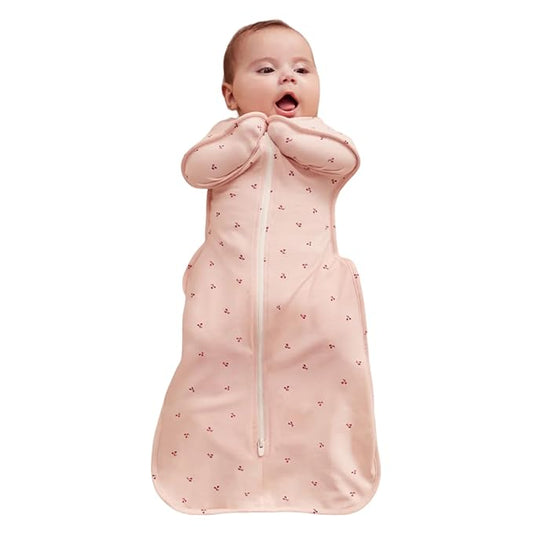 "Love to Dream Swaddle Up Bamboo, Arms Up Position, Soft and Luxurious 95% Viscose from Bamboo,5% Elastane Wearable Blanket 1.0 TOG - (20-24°C) Ideal for Moderate Temps(Cherries Blush,Medium, 6??.5kg)