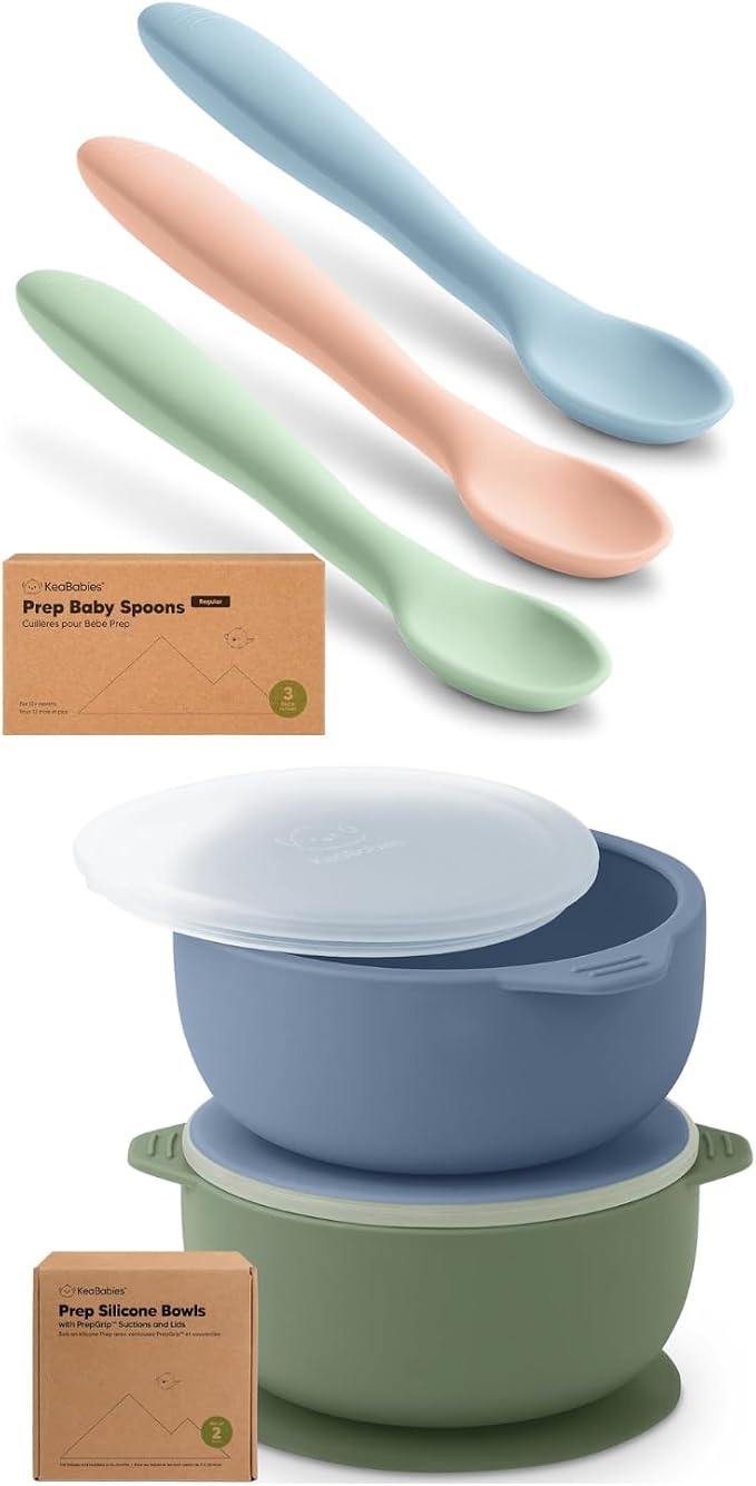 KeaBabies 3-Pack Silicone Baby Spoons and 2-Pack Baby Bowls with Suctions, Lids - Toddler First Food Training Spoon - Silicone Suction Bowls for Boy, Girl