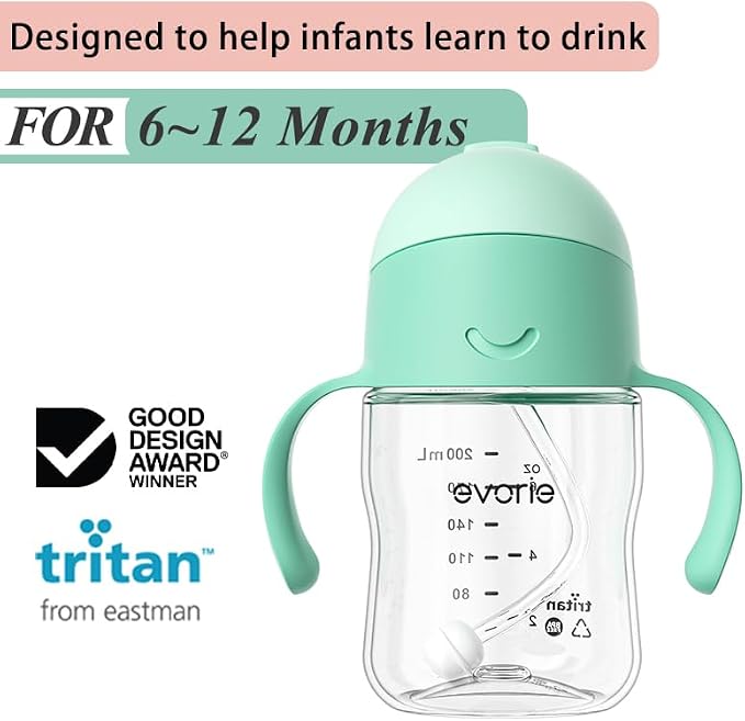 Evorie Tritan 7 Oz Weighted Straw Sippy Cup for Baby and 10 Oz Toddler Bottle with Straw and Removable Handles for School (Bumble Bee and Happy Valley)