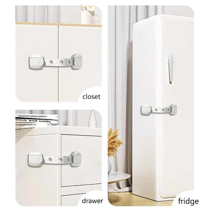Child Safety Strap Locks (10 Pack) Baby Locks for Cabinets and Drawers, Toilet, Fridge & More. Adhesive Pads. Easy Installation, No Drilling Required, White/Gray (Gray, 10 pcs (Pack of 1))