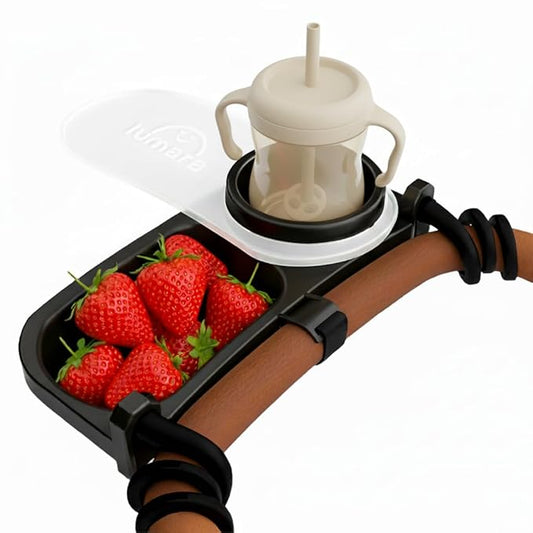 Universal Stroller Snack Tray with Cup Holder 2 in 1 - Stroller Tray Attachment for Baby & Toddler - Baby Stroller Accessories - Fit Most Strollers, Dishwasher Safe with Dust Cover & Silicone Arms