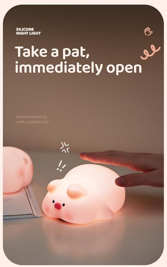 ATSUI Pig Night Light for Kids, Food Grade Silicone, Rechargeable, Tap Fun Kawaii Lamp for Kids Room, Adjustable Brightness, Cute Stuff for Boys Girls, Cute Gifts for Baby Children