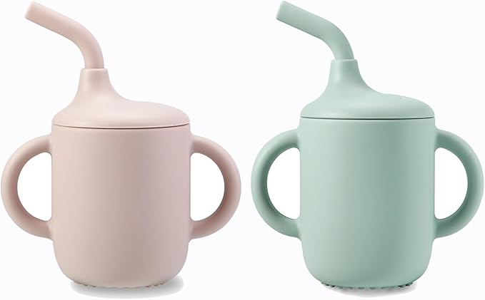PandaEar 2 Pack 100% Tiny Silicone Drinking Training Cup with Handles & Straw for Baby and Toddler (Pink Green)