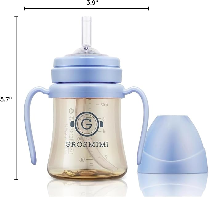 GROSMIMI Spill Proof no Spill Magic Sippy Cup with Straw with Handle for Baby and Toddlers, Customizable, PPSU, BPA Free 6 oz (Sky blue)