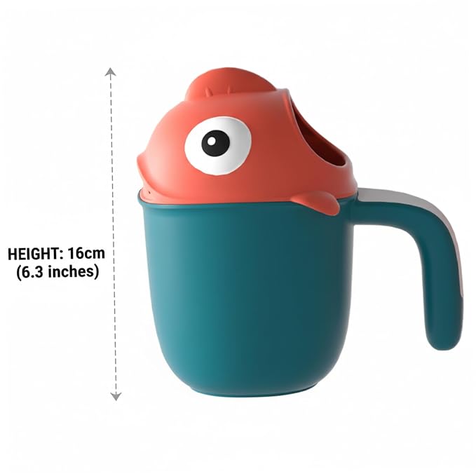 Large Capacity Baby Bath Rinser Cup with 7-Hole Gentle Shower, Easy-Grip Cartoon Fish Design for Kids, Bath Cup for Rinsing Hair, Time Essential