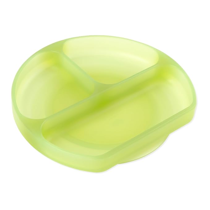 Bumkins Toddler and Baby Suction Plate, Silicone Divided Grip Dish for Babies and Kids, Baby Led Weaning, Children Feeding Supplies, Non Skid Sticky Bottom, Ages 6 Months Up, Green Jelly