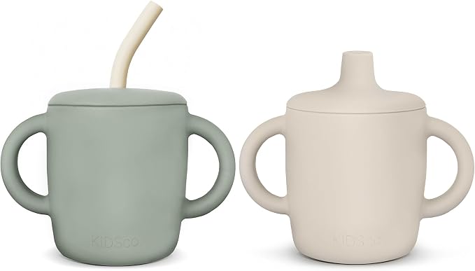 KIDSco. Silicone Sippy Cups with Easy Grip Transition Handles, a Soft Spout and Straw. A Non Toxic No Spill Unbreakable Training Cup. 5oz/150ml |Sandy Shore and Green|