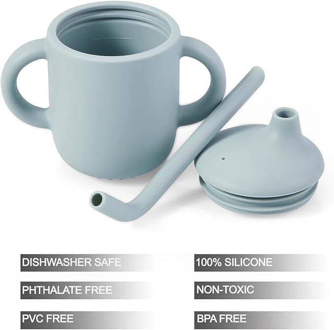 PandaEar 2 Pack 100% Tiny Silicone Drinking Training Cup with Handles & Straw for Baby and Toddler (White Blue)