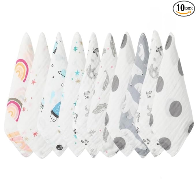 norinori Baby Msulin Washcloths Newborn Face Towel - Baby Muslin Burp Cloths 10Pack Soft Absorbent Natural Cotton Wash Towel 10"X10" Baby Bath Towels Wipes Baby Registry as Shower