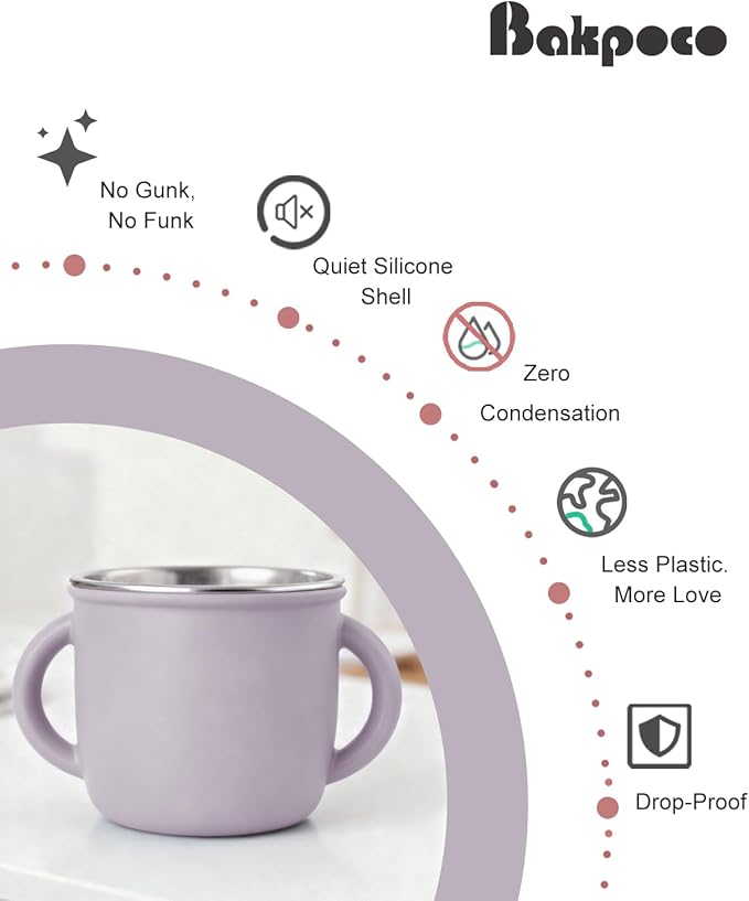 Bakpoco 4-in-1 Stainless Steel Silicone Sippy Cup, 8.5oz Toddler Open Cup with Straw, Sippy & Snack Lids, For Baby Led Weaning, Toddlers 1-3 Years Trainning Kids Drinking, Dishwasher Safe, Lilac