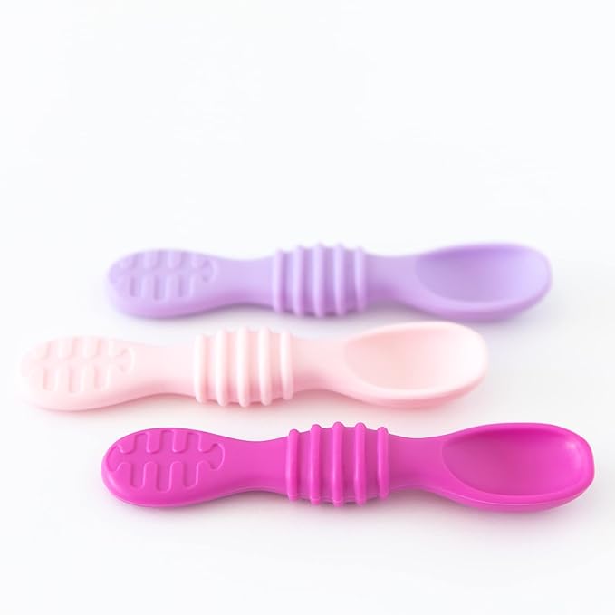Bumkins Baby Utensils Set, Silicone Spoons for Dipping, Self-Feeding, Baby Led Weaning, Trainer Tip, Soft Chew Safe, Learning First Stage Eating, Babies 4 Months, 3-pk Lollipop Color