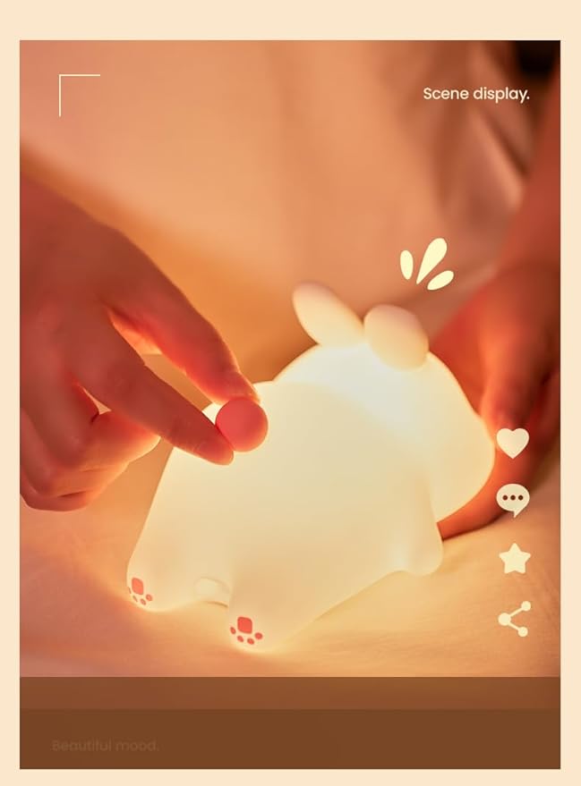 ATSUI Rabbit Night Light, LED Squishy Novelty Animal Night Lamp, Food Grade Silicone 3 Level Dimmable Nursery Nightlight for Desk Decor, Funny Gifts Stuff for Boys Girls Baby, White Elephant Gifts