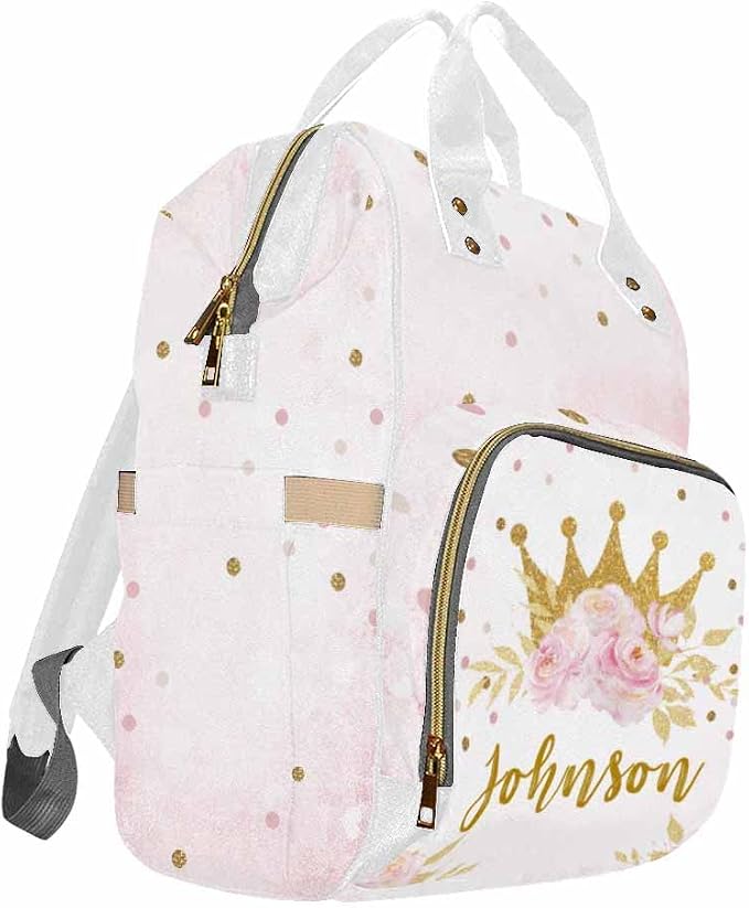 InterestPrint Personalized Backpack with Name, Golden Crown Flower Custom Diaper Bag Mommy Nappy Bag Fashion Shoulder Bag Casual Daypack Multi-Function Bag for Travel
