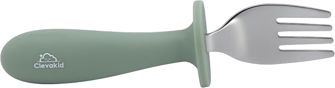 Toddler Stainless Steel Spoon & Fork Set, Non-Slip Silicone Handle, BPA-Free, Self-Feeding (Green Olive)