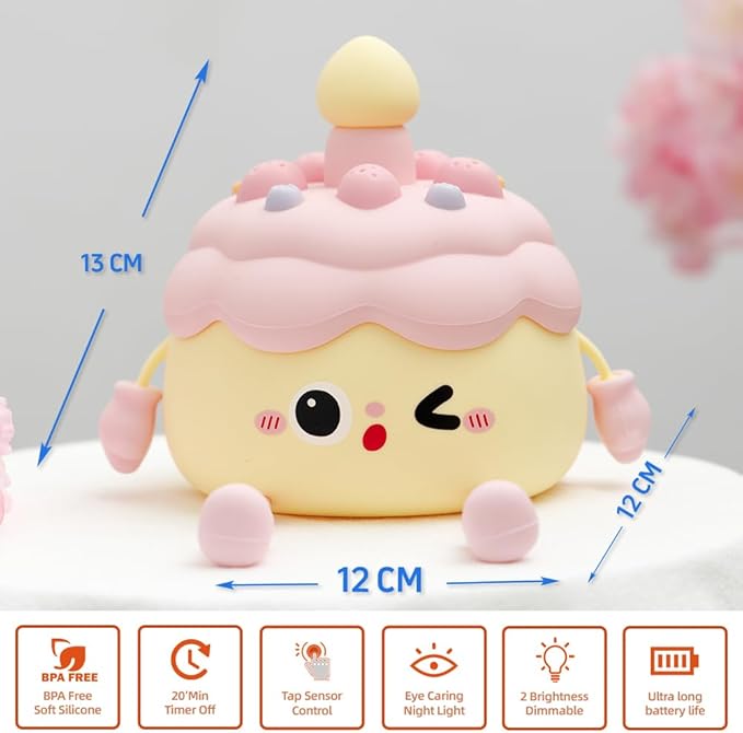 Cute Cake Night Light for Kids, Squishy Silicone Cake LED Night Lamp, Novelty Nursery Nightlight for Kids, Rechargeable Touch Lamp Bedside Lamp 2 Levels Dimmable, Room Decor Gifts for Girls Boys Baby