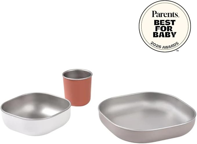 BEABA Stainless Steel Meal Set | Microwave and Oven Safe | Baby Plates Baby Bowls and Cup with Anti-Slip Silicone Cover | Kids Plates Non Toxic, Terracotta