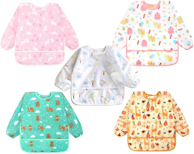 Accmor 5 Pack Long Sleeve Bibs, Baby Smock Waterproof Sleeved Bib Smock for Baby Toddler 6-36 Months