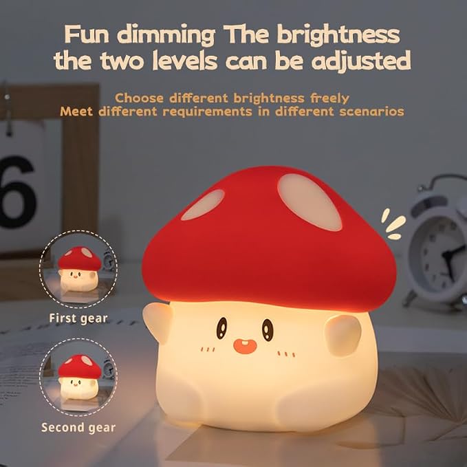 Mushroom Silicone Night Light for Kids - Squishy LED Lamp with Soft Touch, USB Rechargeable & Long Battery - Cute Touch Control Mushroom Light for Kids Room Decor & Gifts