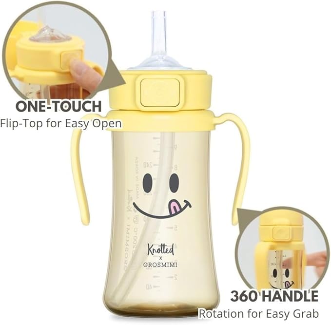 GROSMIMI x KNOTTED Flip Top Spill Proof Sippy Cup, PPSU, BPA Free, Stage 2 Straw for Toddlers (Smile 10oz)