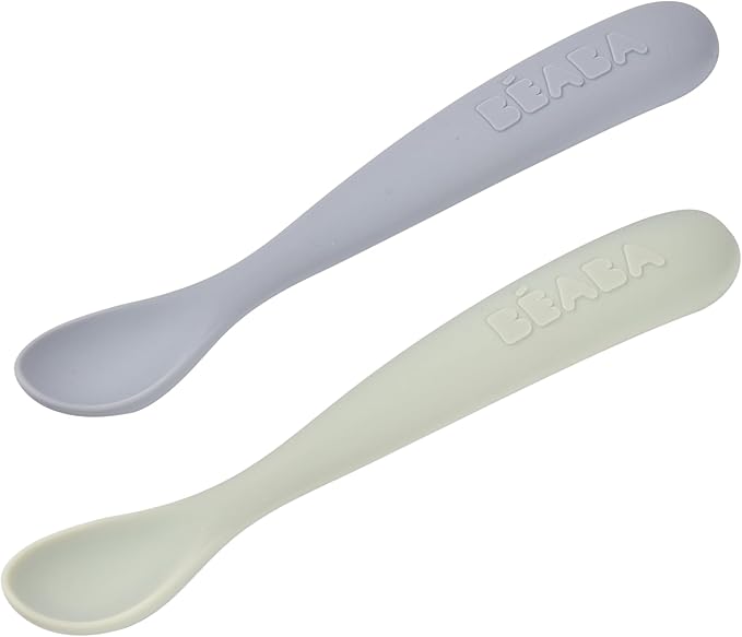 BEABA Baby's First Foods Spoon Set with Travel Case, Original Soft Silicone Baby Spoons, Baby Essentials, Travel Set, Natural