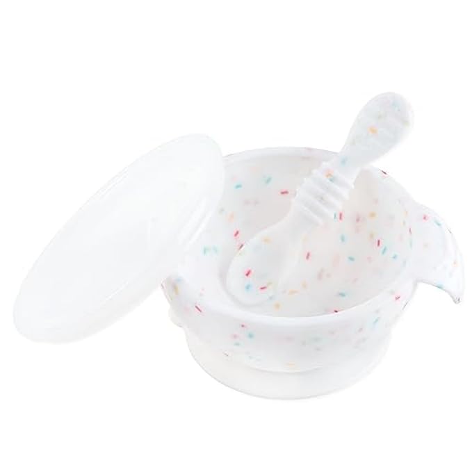Bumkins Baby Bowls, Silicone Baby Feeding Set, Suction Bowls for Baby and Toddler with Spoon and Lid, First Feeding Set, Platinum Silicone Bowl for Babies 4 Months