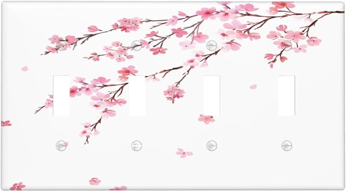 Watercolor Cherry Blossoms Flowers Pink Floral Light Switch Covers Quad Toggle Electrical Faceplate 4 Gang Wall Plate Decorative Switch Plates Cover for Bedroom Living Room Decor