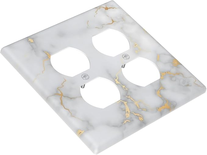 Luxury White And Gold Marble Abstract Modern Outlet Covers 2 Gang Double Duplex Decorative Light Switch Covers Electrical Wallplates Socket Faceplate for Bathroom Kitchen Decor