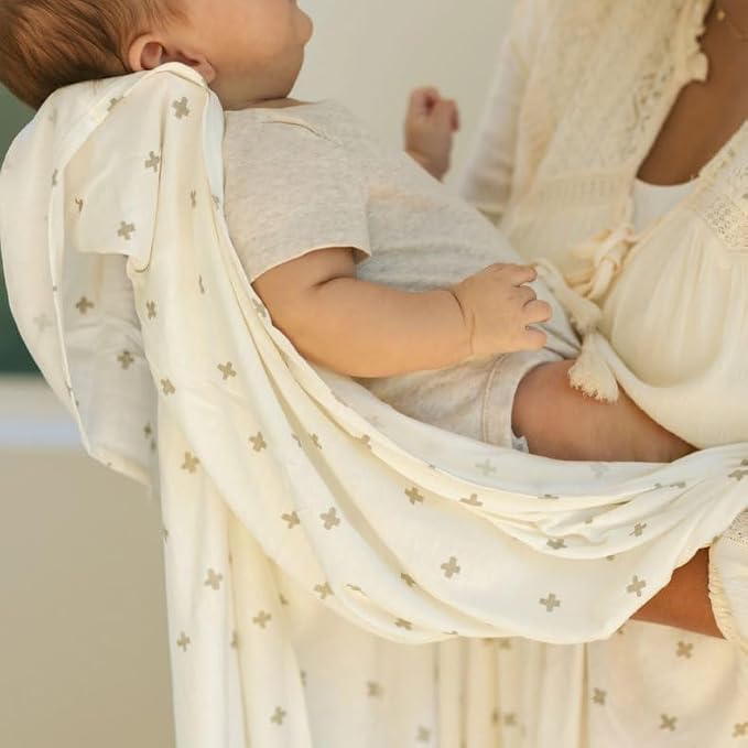 Little Unicorn Premium Stretch Knit Swaddle Blanket | Super Soft with Optimal Stretch & Breathability for swaddling (Grey Cross)