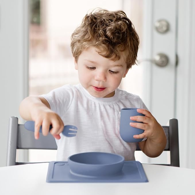 ezpz Mini Bowl (Indigo) - 12 Months+ - 100% Silicone Suction Placemat + Bowl for Toddlers - Comes with a Reusable Travel Bag