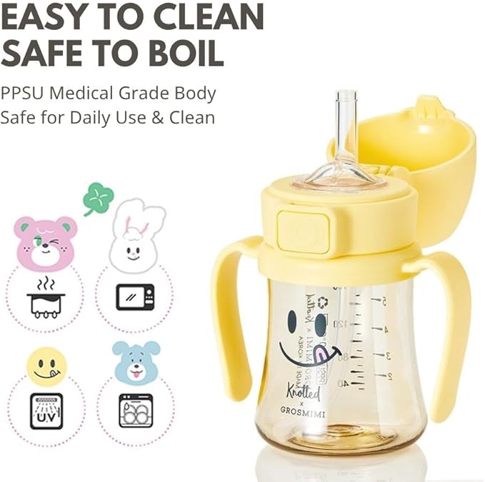 GROSMIMI x KNOTTED Flip Top Spill Proof Sippy Cup, PPSU, BPA Free, Stage 2 Straw for Toddlers (Smile 6oz)