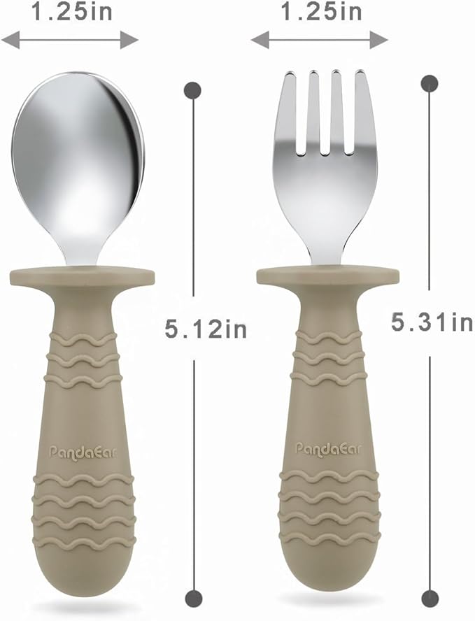 PandaEar 2 Pack Stainless Steel Baby Suction Plates & 2 Pack Spoons and Forks Set, Toddler Utensils Baby Feeding Set, Divided Plates for Baby Led Weaning Supplies, BPA-Free (Tan/Walnut)