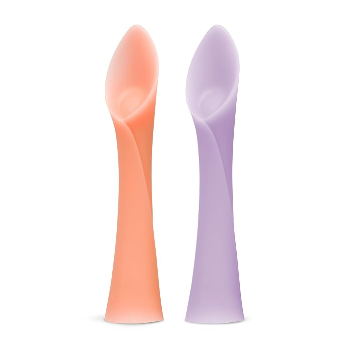 Olababy Training Spoon Set (Coral/Lilac) + Fold N Go Silicone Baby Bib w Travel Case (Kiwi)